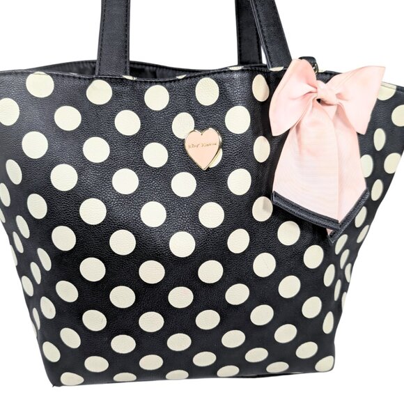 Betsey Johnson Black & White Polka Dot Reversible Faux Leather Large Bow Tote - Picture 2 of 10